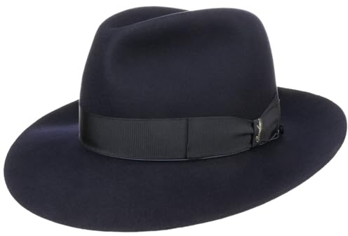 Borsalino Breitrand Bogarthut Haarfilzhut Filzhut Herrenhut Damen/Herren - Made in Italy Bogart Hut mit Futter, Ripsband Herbst Frühjahr Winter Sommer Frühling-Sommer Herbst-Winter - 59 cm blau