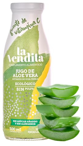 Jugo Aloe Vera Puro para Beber - Sin Pulpa 0,5L - De Cultivo Propio Ecológico, Bebida Digestiva 100% Natural, Sin Aloína ni Azúcar, Envase de Vidrio - LA VENDITA