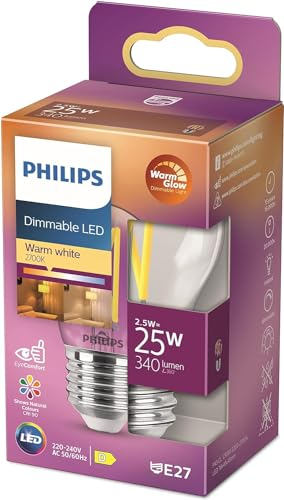 Philips LED Classic E27 WarmGlow Lampe, 25 W, Tropfenform, dimmbar, klar, warmweiß