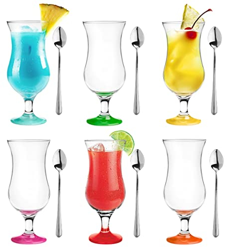 Glasmark KROSNO 1992 Juego De 6 Vasos Alto Para Cócteles 420 ml Copas De Vidrio Para Agua Succo Cerveza Long Drink Con Cucharillas Transparentes Fondo De Colores