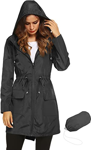 LOMON Womens Lightweight Waterproof Rain Jacket Active Outdoor Hooded Raincoat with Drawstring Belt Black M