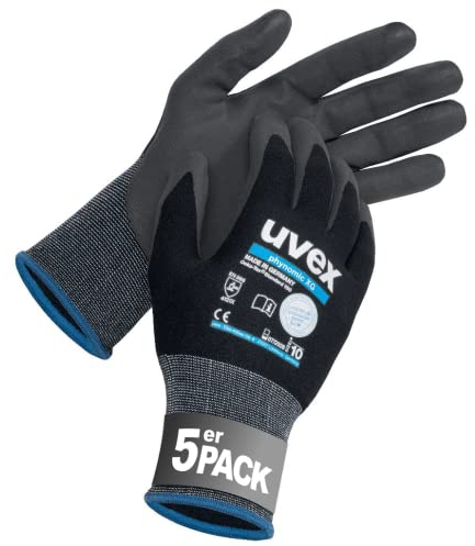 uvex phynomic XG, 5 paia di guanti di montaggio, guanti protettivi, guanti da lavoro, extra grip, resistenti e delicati, nero, grigio, taglia 07/S