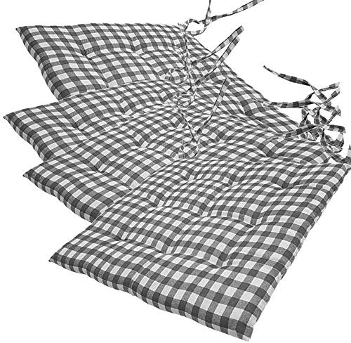 NYVI Stuhlkissen 40x40 cm ComfySeat Grau Weiß kariert 4er Set - Sitzkissen mit Bändern/Schleife, 9-fache Steppung - Indoor & Outdoor - Gartenstuhlkissen aus Baumwoll-Mischgewebe - ÖkoTex 100