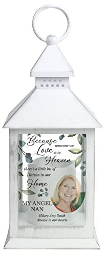 Personalised Botanical Memorial Photo Upload Rustic White Lantern Remembrance