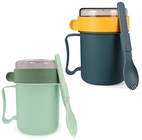 TACYKIBD 2PCS Soup Mug with Lid, Microwavable Soup Bowls with Handles, 2 Colors Soup Cups with Spoon, Soup Containers with lids for Home Office School Outdoor Travel Picnic