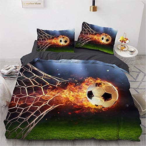 YASMENG Housse de Couette Football 140x200 Garçons Flamme 3D Parure de Lit Doux Linge de Lit pour Adolescents Enfants Cadeaux avec Fermeture Éclair et Taie d'oreiller 65x65 cm