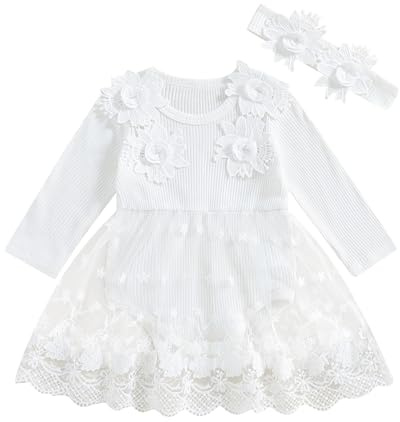 Geagodelia Filles 2 Pièces Tenues de Robes avec Manches Longues Papillon Princesse et Bandeau, Ensembles de Grenouillère pour Bébé pour Fête, Baptême, Cérémonie, Blanc, 3-6 mois
