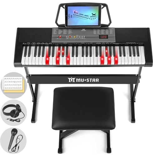 61 Key Electronic Keyboard Piano with Lighted up Keys,LCD,Headphones,X-Stand,Stool,Music Rest,Microphone,Note Stickers,Built-In Speakers,3 Teaching Modes,Ideal for Beginner Adult (Black with Stool)
