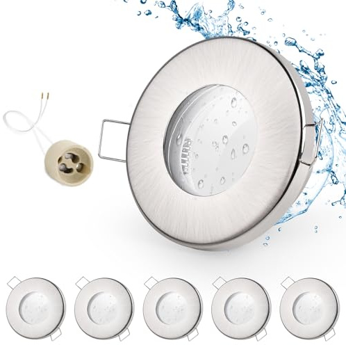 GeyouLux 6x infälld LED-spotlight IP65 ram med GU10-uttag, takspotlights i borstat nickeljärn, platta runda spotlights badrum spotlights 68 mm installationsram för utomhus- inomhus