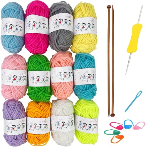 KYEDGC 21 Pcs Knitting Kit, 12 Colours Yarn & 2 Bamboo Knitting Needles, Kids Knitting Starter kit,for Beginners Adults, Dishcloth Knitting Kit Craft Knitting for Beginners kit for Handcrafts Arts