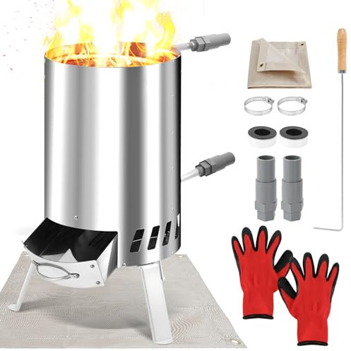 Fiqops Riscaldamento a legna da ardere, per piscina con fuoco, in acciaio inox, per piscina con connettori da 32 – 38 mm, per esterni, in legno, con tappetino ignifugo e vassoio