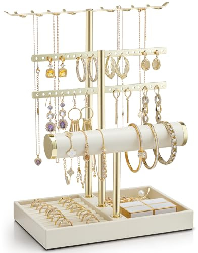 VLANDO 3 Tier Jewelry Stand Organizer with Tary, Mothers Day Mom Gifts for Women, Gold Jewlery Holder Display for Necklace, Earring, Bracelet, Rings - Cloud White