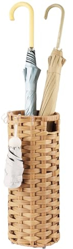 WAOHANAZ Rattan Umbrella Stand, Umbrella Holder for Entryway, Hand Woven Umbrella Rack Organizer Freestanding, with a Detachable Drip Tray, 4 Hooks, 7.5 L x 7.5 W x 16.5 H