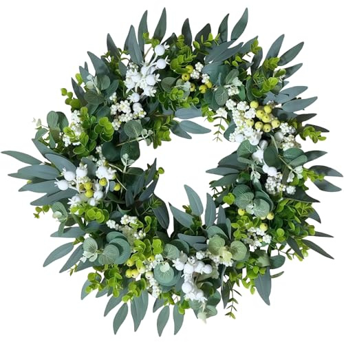 Eucalyptus Wreath for Front Door, 50cm/20inch Spring Summer Green Wreath Large Artificial Leaf Wreath with Berries Lifelike Decorative Garland for Wedding Door Party Home Window Wall Fireplace Decor