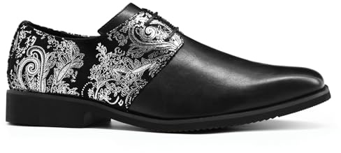 YFFUSHI Chaussures Homme Formelles Bout Pointu Jacquard Cuir Verni Derbys Affaires Lacets Brogues Respirantes, Noir PU et Argent brodé, 42
