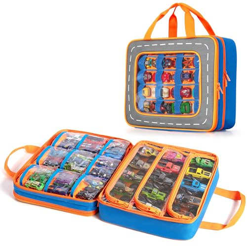 Marscamd Storage Case Compatible with Hot Wheels Toy Trucks and Monster Trucks (Hold 66 Pcs), Toy Car Storage Case with Front Display Window, Blue
