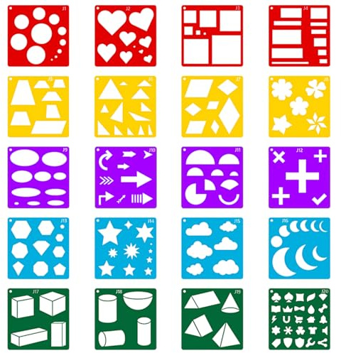 20 Pieces Geometric Stencils, Shape Geometric Drawing Stencils Template Set Simple Drawings Stencil Templates Tracing Stencil Colorful Art Painting Templates for Drawing DIY Craft