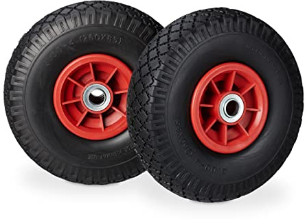 Relaxdays 4 x säckkärrhjul, punkteringssäkra massiva gummidäck, 3,00–4 tum, 20 mm axel, upp till 80 kg, reservhjul 260 x 85 mm, svart-röd
