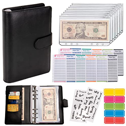 NICOOTHBudget Binder Cash Envelopes A6 Money Saving Binder with Zipper envelopes (Black)