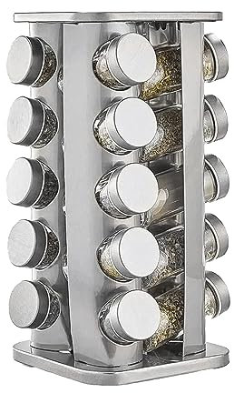 VR7 Estante giratorio de acero inoxidable de 360 grados para especias y 20 tarros con tapas y etiquetas, organizador giratorio de especias de cocina, estante giratorio grande, carrusel giratorio para