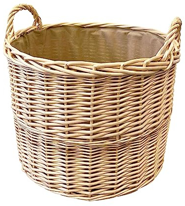 Arthur Cameron Deluxe Circular Wicker Log Basket with Handles & Lining - Large Wicker Storage Basket, Round Log Basket, Round Basket (Small, Natural)