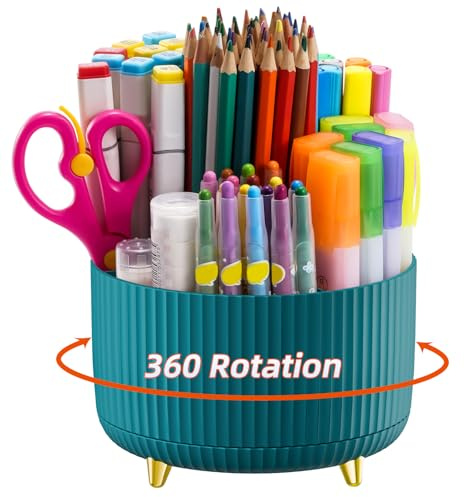 Marbrasse Desk Organizer, 360-Degree Rotating Pen Holder, Desk Organizers and Accessories with 5 Compartments Pencil Organizer, Art Supply Storage Box Caddy for Office, Home（Green）