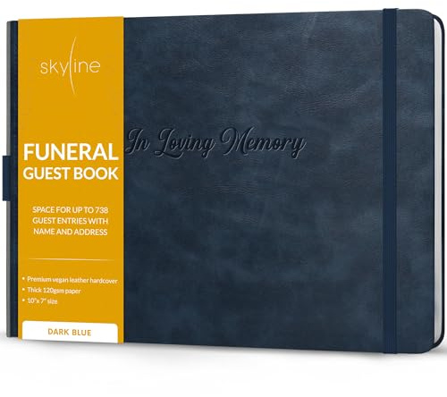 Skyline Funeral Guest Book, Sign In Name & Address, Hardcover Dark Blue | 10”x7”, Elegant sign-in guestbook for memorial service & celebration of life with large signature space, Memory book