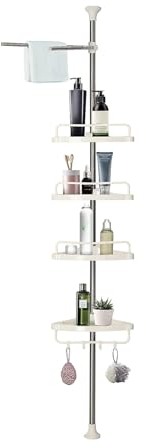 Mutiwill Telescopic 4-Tier Shower Caddy Corner Shelves, Bathroom Shower Storage Shelves, Bathroom Storage Organiser with 4 Trays, 4 Hooks, 1 Towel Bar Adjustable Floor to Ceiling 110 to 305 cm