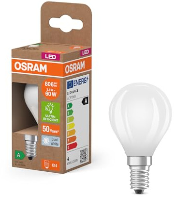 Osram Energy Class LED-Lampe in klassischer Miniballform, 3.8 W / 806 lm, EEK A, kaltweißes Licht (4000 K), CRI 80, aus gefrostetem bleifreiem Glas, E14 Sockel, IP20, 45 mm Durchmesser.