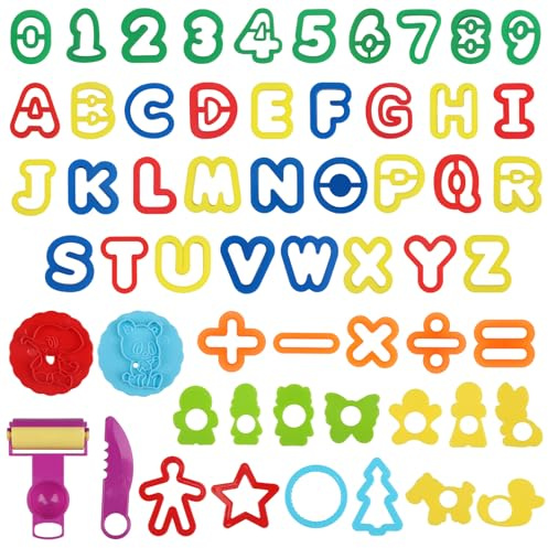 DOITEM Play Dough Tools Set for Kids Letter Molds,Numeral Molds Various Plastic Animal Molds for Creative Dough Cutting, 58 PCS