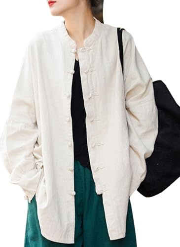 Lazutom Women's Cotton Linen Frog Button Mandarin Collar Top Chinese Martial Arts Kung Fu Tai Chi Shirt Tunic Beige