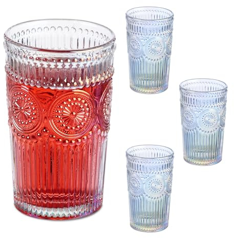 Relaxdays Dricksglas uppsättning om 4, vattenglas, vintage-design, diskmaskinssäker, med holo-effekt, 360 ml, transparent