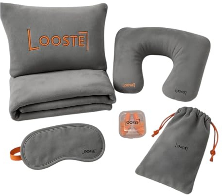 Kit de Voyage 4-en-1 pour Avion, Train, Voiture et Camping - Couverture Douce en Plaid Polaire Pliable et Compact, Coussin Gonflable Ergonomique, Bouchons d’Oreilles, Masque de Sommeil et Pochette