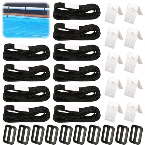 CHENBOOW Fixation pour Bâche Solaire de Piscine,10 Pièces Kit de Sangles de Couverture Solaire,Enrouleur de Couverture Solaire,Sangles de Fixation,Pinces,Boucles,pour Piscine Universelle