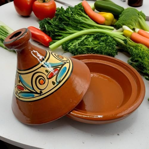 Tajine XL 35 cm aus Terrakotta, handbemalt, traditioneller marokkanischer / tunesischer Topf + kostenloses E-Book 1404251122