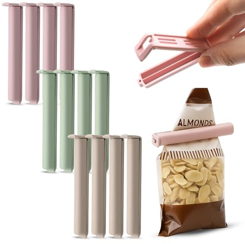 CHEFZOCO Pinzas para bolsas Alimentos, Pinzas Cierre Bolsas, Clip de Sellado Reutilizable para Cocina, clips de cierre para bolsas, Longitud 10.5 cm, Contiene pack de 12 pinzas, Colores pasteles