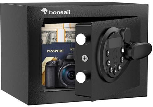 Bonsaii 6.6L Mini Tresor mit LED-Anzeige, Elektronischem Tastenfeld und Schlüssel – Kompakter Sicherheits-Safe aus Stahl mit Notstrom-USB für Büro, Zuhause und Hotel
