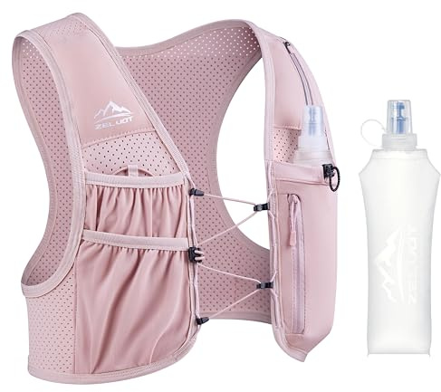Zelvot Running Vest for Women Men, USA Original Patent, Adjustable Chest Straps Running Hydration Vest with 500ml Soft Flask, Lightweight Reflective Hydration Backpack for Hiking Marathon (Pink, M/L)
