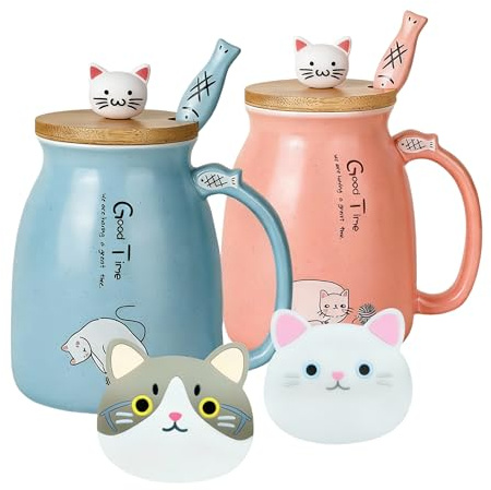 Set di 2 tazze per bevande graziose con gatto in ceramica con coperchio in bambù e cucchiaio Novità Tazze da caffè, latte e tè con gatto per amanti dei gatti, donne (Blu e Rosso)