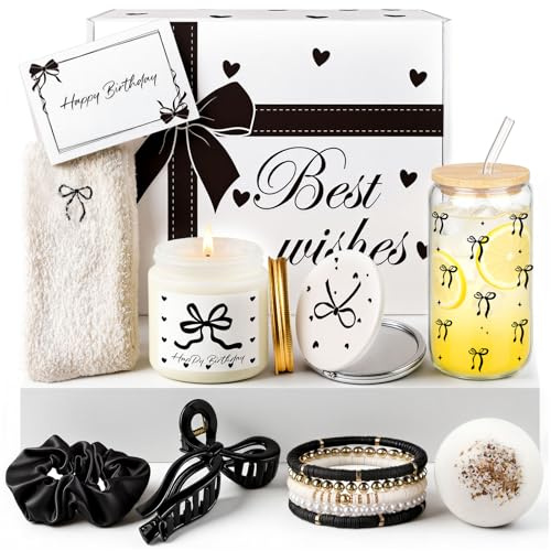 Elegant Birthday Gifts for Women, Black Bow Unique Birthday Relaxing Gifts Box with Scented Candles, Greeting Card & Home-Spa Relaxation, Birthdays Presents for Her, Best Friend, Sister, Wife