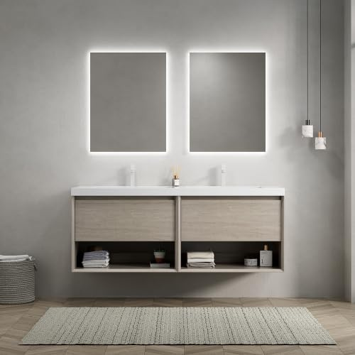 dowowdo Tocador doble con armario de 140 cm, 2 lavabos integrales de resina blanca, 2 cajones con sistema de cierre suave y 2 estantes abiertos, premontado en la pared, roble claro, para parejas y
