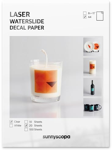 Sunnyscopa Wasserschiebefolie für Laserdrucker - Transparent, A4, 20 Blätter - Personalisierte Transferfolie - Bedruckbares DIY Aufklebepapier