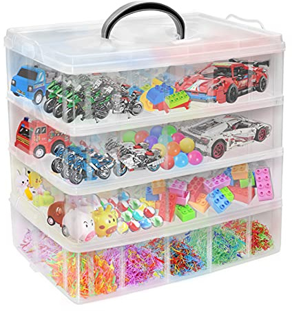 VASZOLA 4-Tier Stackable Storage Container Box with 40 Adjustable Compartments, Plastic Organizer Box Transparent Storage Case for Kids Toys, Art Crafts, Jewelry, Supplies, Fuse Beads, Washi Tapes