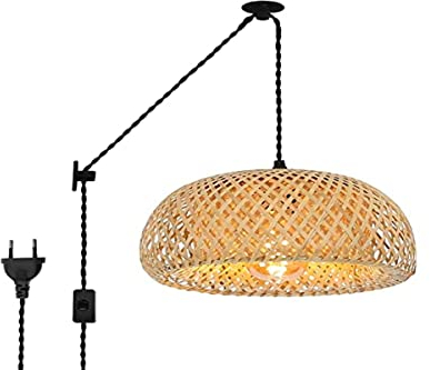 B·LED BARCELONA LED BarcelonaLED Lámpara Colgante de Mimbre con Cable y Enchufe Vintage Polea Ratán Bambú Madera para Techo Pared Comedor Cocina Salón