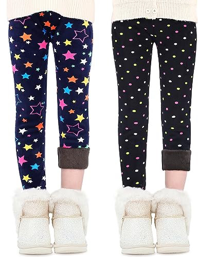 Domee Mädchen Leggings Gefüttert Thermoleggings Winter Warme Hosen 2er-Pack Sterne und Punkte 134-140 (Herstellergröße 140)