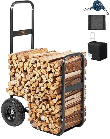 VEVOR Kaminholzwagen 67x52x110cm Brennholzwagen Pulverbeschichteter Stahl Brennholzkarre mit 266,7-mm-Gummirädern Holzwagen Max. 113,4kg Transportwagen inkl. Bungee-Seil Bodennetz 600D Oxford-Tuch