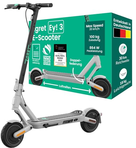 Egret Ey! 3 Faltbarer E-Scooter mit Straßenzulassung, 9 Luftbereifung + Federung, Reichweite bis 30 km, Blinker, App-Steuerung, maximale Zuladung 100kg