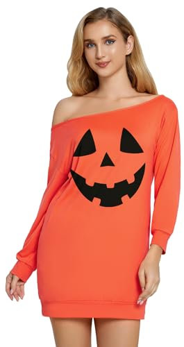 Glimnerize Halloween Damen Spinnen Druck Shirt Oberteil 3/4 Arm Langarmshirt Schulterfrei Schulterfreies Orange Smiley XL
