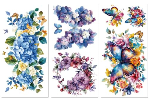 Peacoblue Blue Rub on Transfers for Crafts 3Pcs Butterflies Bushes 15cmx30cm, UV DTF Waterproof Japanese Furniture Transfer for Chest of Drawer Dresser Glass Porcelain Wood Plastic