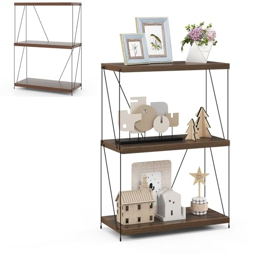 HOMASIS Libreria Vintage, Libreria Verticale in Metallo e Legno, Scaffale Espositore in Marrone, Scaffale a Scala per Salotto, Camera da Letto, Ufficio (61 x 29,5 x 85,5 cm)